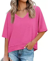 Women's V-neck Mid-length Sleeve Spliced Hem Basic