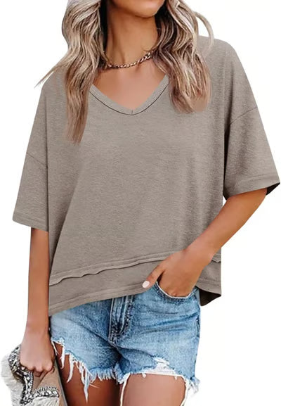 Women's V-neck Mid-length Sleeve Spliced Hem Basic