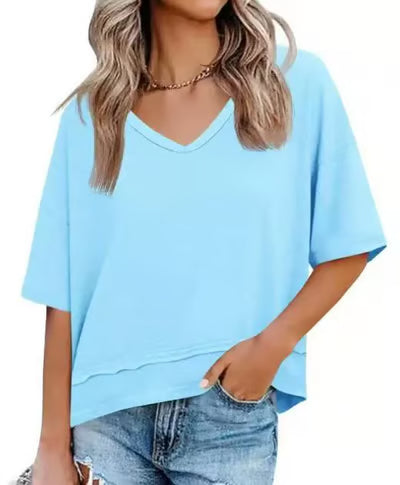 Women's V-neck Mid-length Sleeve Spliced Hem Basic