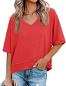 Women's V-neck Mid-length Sleeve Spliced Hem Basic