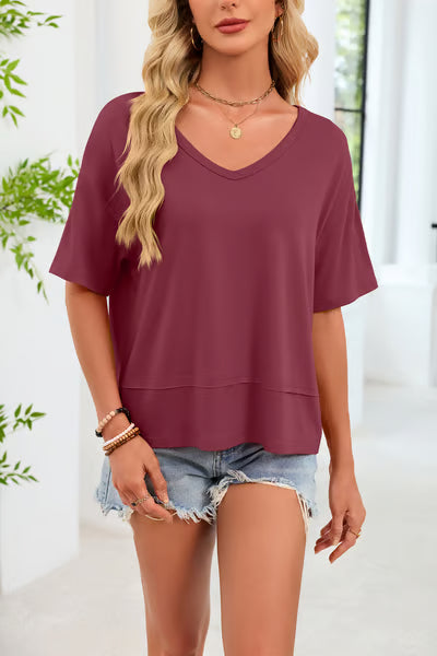 Women's V-neck Mid-length Sleeve Spliced Hem Basic