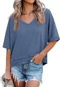 Women's V-neck Mid-length Sleeve Spliced Hem Basic