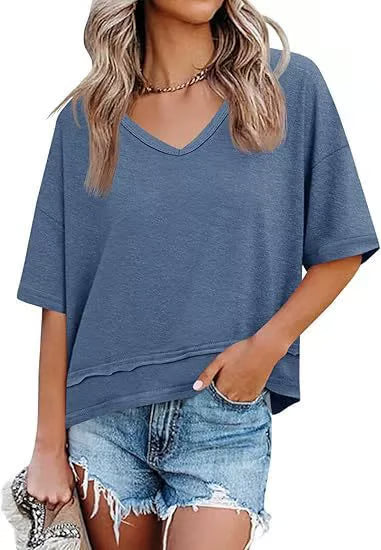 Women's V-neck Mid-length Sleeve Spliced Hem Basic