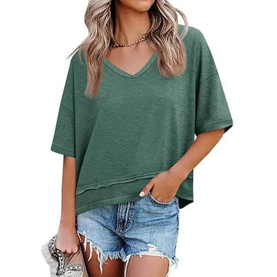 Women's V-neck Mid-length Sleeve Spliced Hem Basic