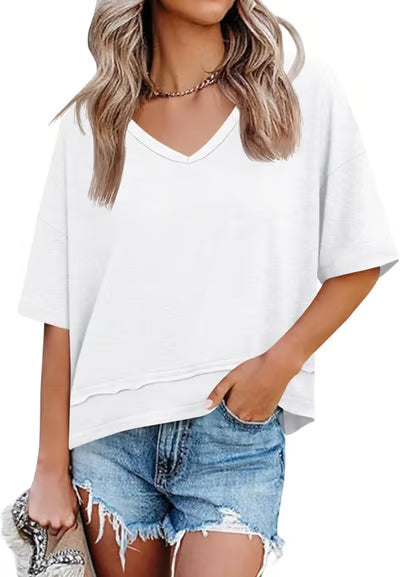 Women's V-neck Mid-length Sleeve Spliced Hem Basic