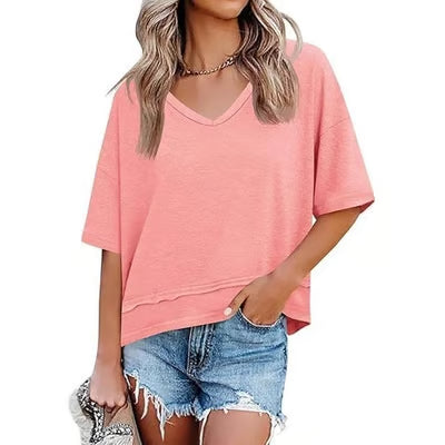 Women's V-neck Mid-length Sleeve Spliced Hem Basic
