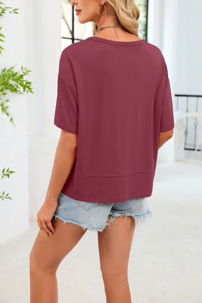 Women's V-neck Mid-length Sleeve Spliced Hem Basic